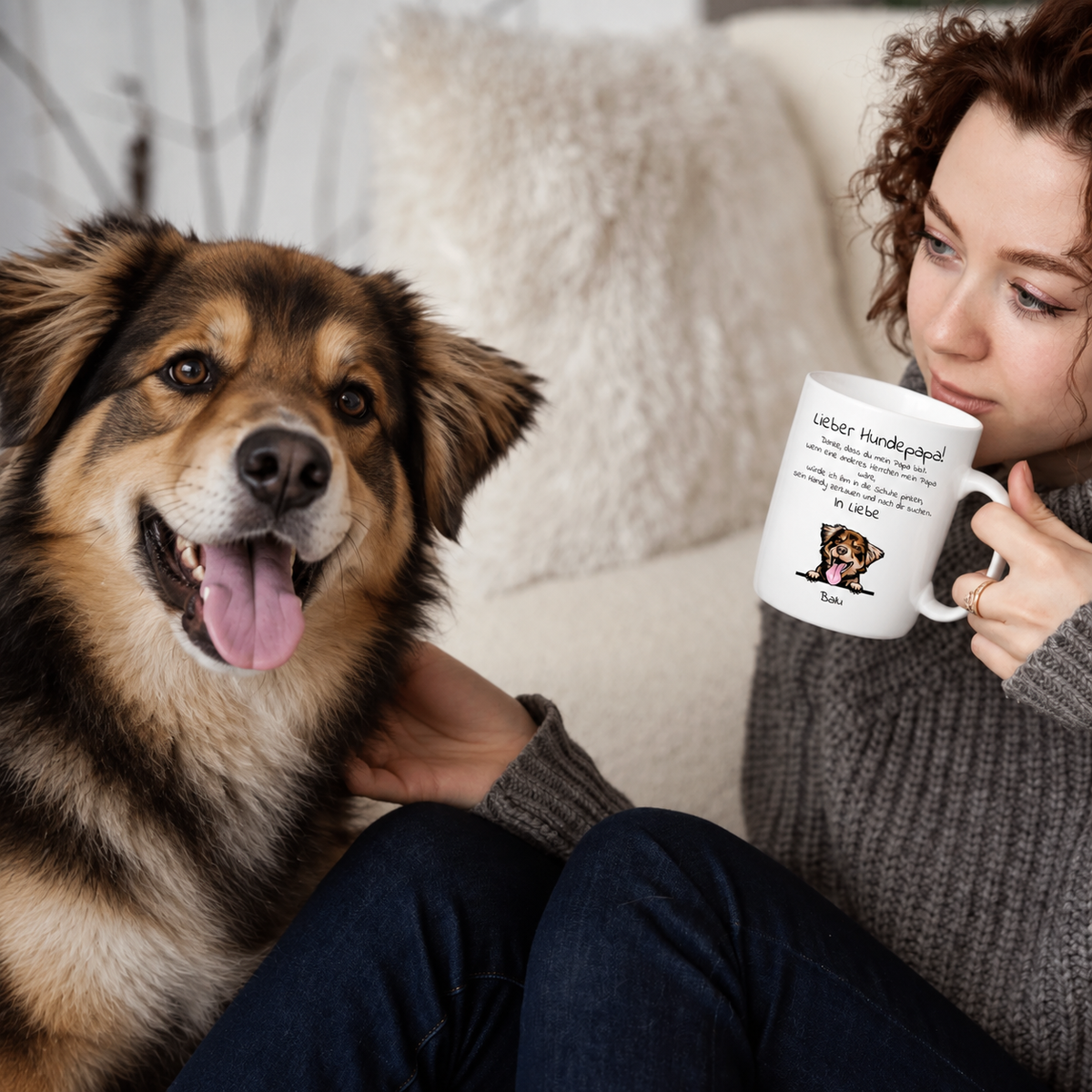 Person mit Hund hält eine weiße Tasse mit dem Text "Lieber Hundepapa" in der Hand.