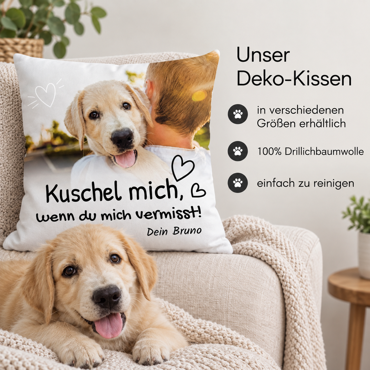 Personalisierbares Kissen mit Hundemotiv, 100% Drillbaumwolle, Aufschrift zur Vermissungsbotschaft.