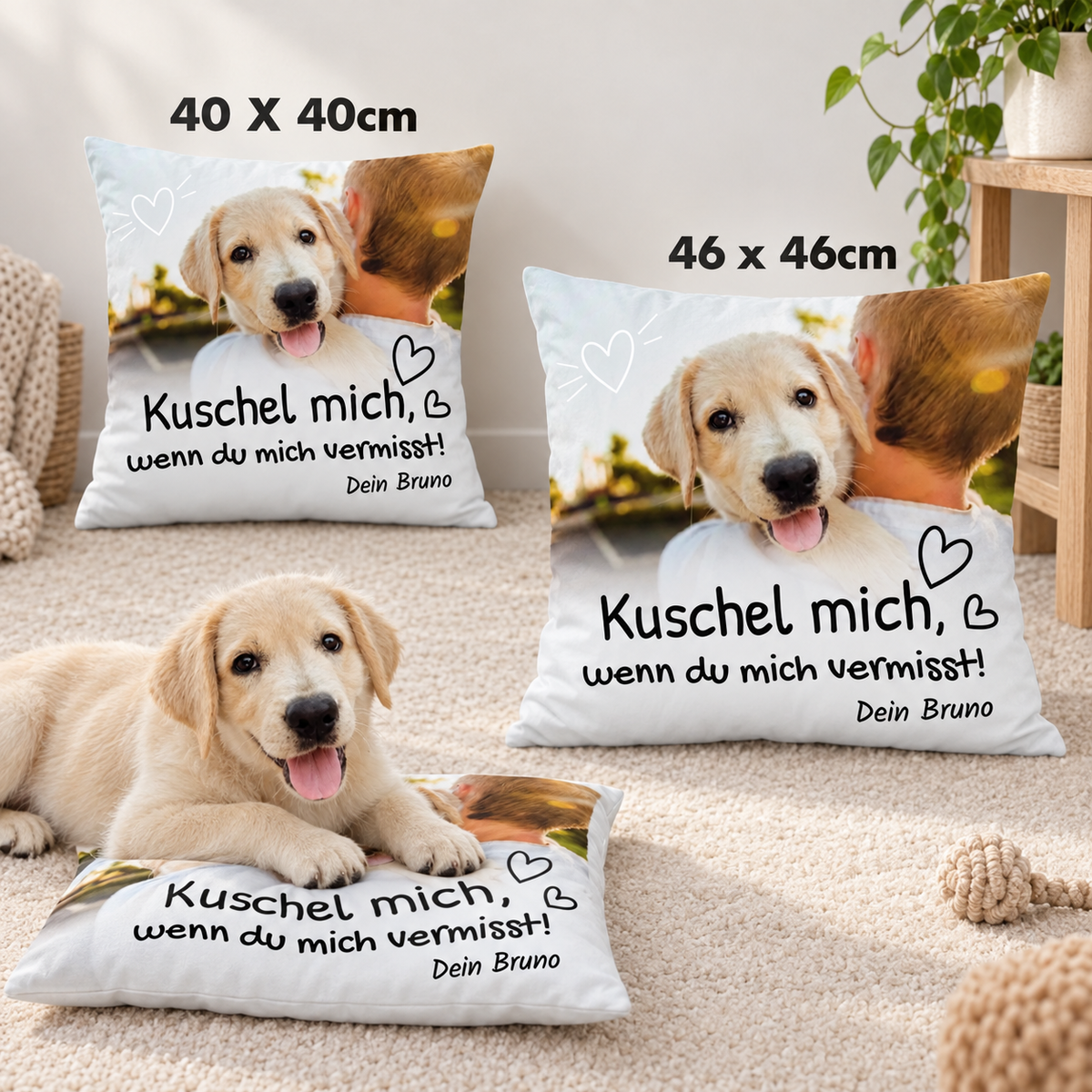 Kissen mit der Aufschrift „Kuschel mich, wenn du mich vermisst!“ in zwei Größen, 40 x 40 cm und 46 x 46 cm.
