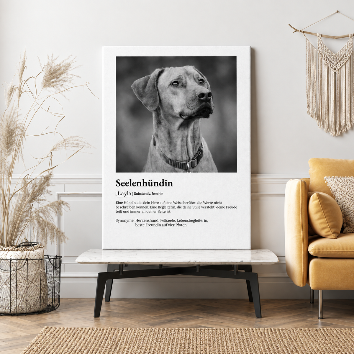 Personalisierte Leinwand mit dem Titel "Seelenhündin", schwarzes und weißes Design, Hundebild und Definition.