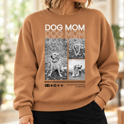 Beige Sweatshirt mit Aufdruck „Dog Mom“ und Fotos von Hunden.