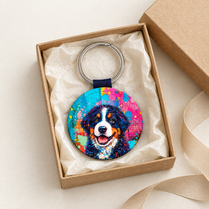 Runder Schlüsselanhänger mit buntem Hundemotiv, verpackt in einer Geschenkbox mit Seidenpapier.