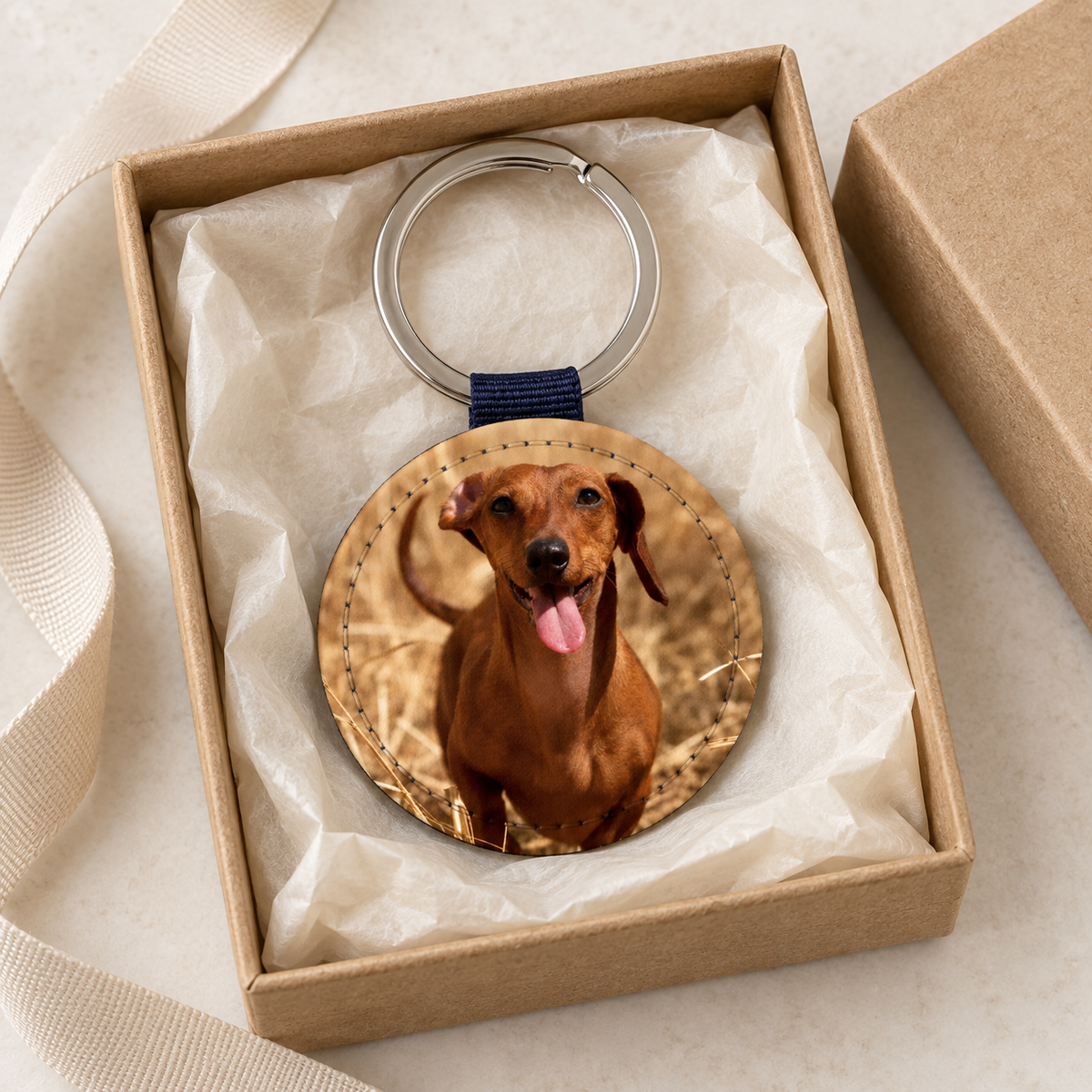 Personalisierter runder Schlüsselanhänger mit Foto eines Hundes in einer Geschenkbox.