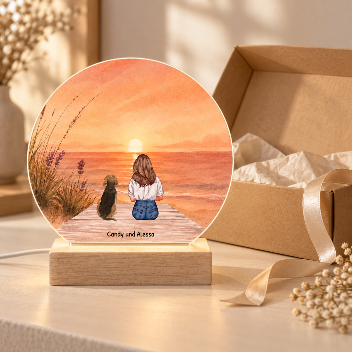 Personalisierte LED-Nachtlicht mit Holzsockel, Illustration von Person und Hund am Meer bei Sonnenuntergang.