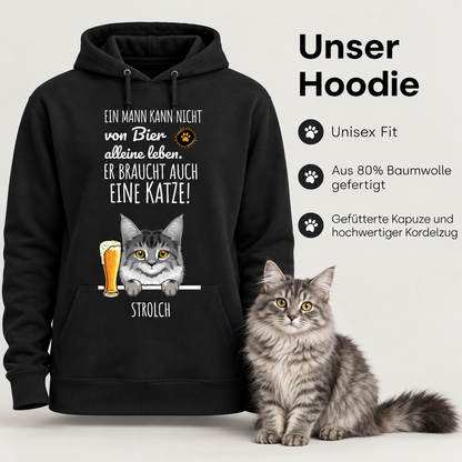 Schwarzer Hoodie mit Druck "Ein Mann kann nicht von Bier allein leben, er braucht auch eine Katze!" und Katzenmotiv.