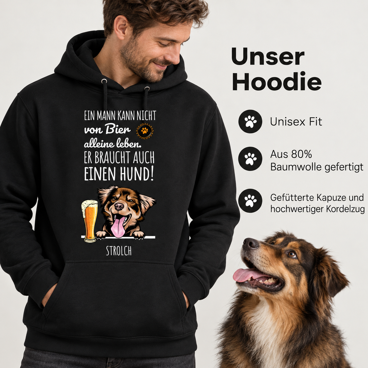 Schwarzer Hoodie mit Hundemotiv und Spruch über Bier, aus 80% Baumwolle, Unisex Fit, gefütterte Kapuze.