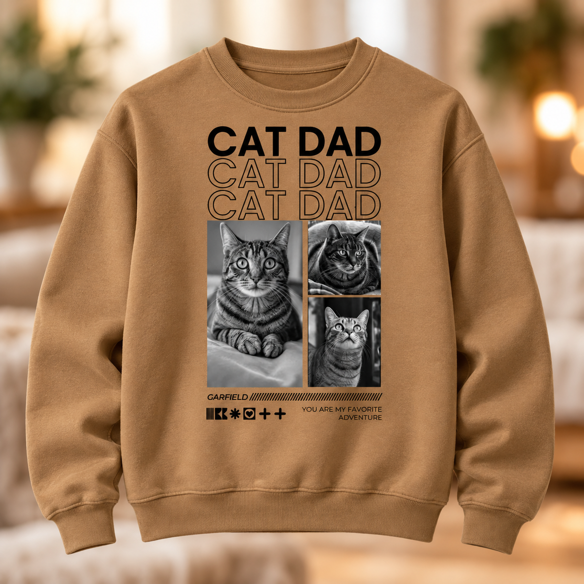Braunes Sweatshirt mit Katzenmotiven und dem Text "Cat Dad".