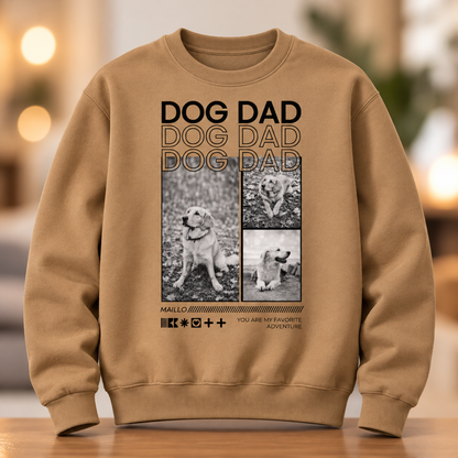 Beige Sweatshirt mit dem Aufdruck "DOG DAD" und drei schwarz-weißen Fotos von einem Hund.