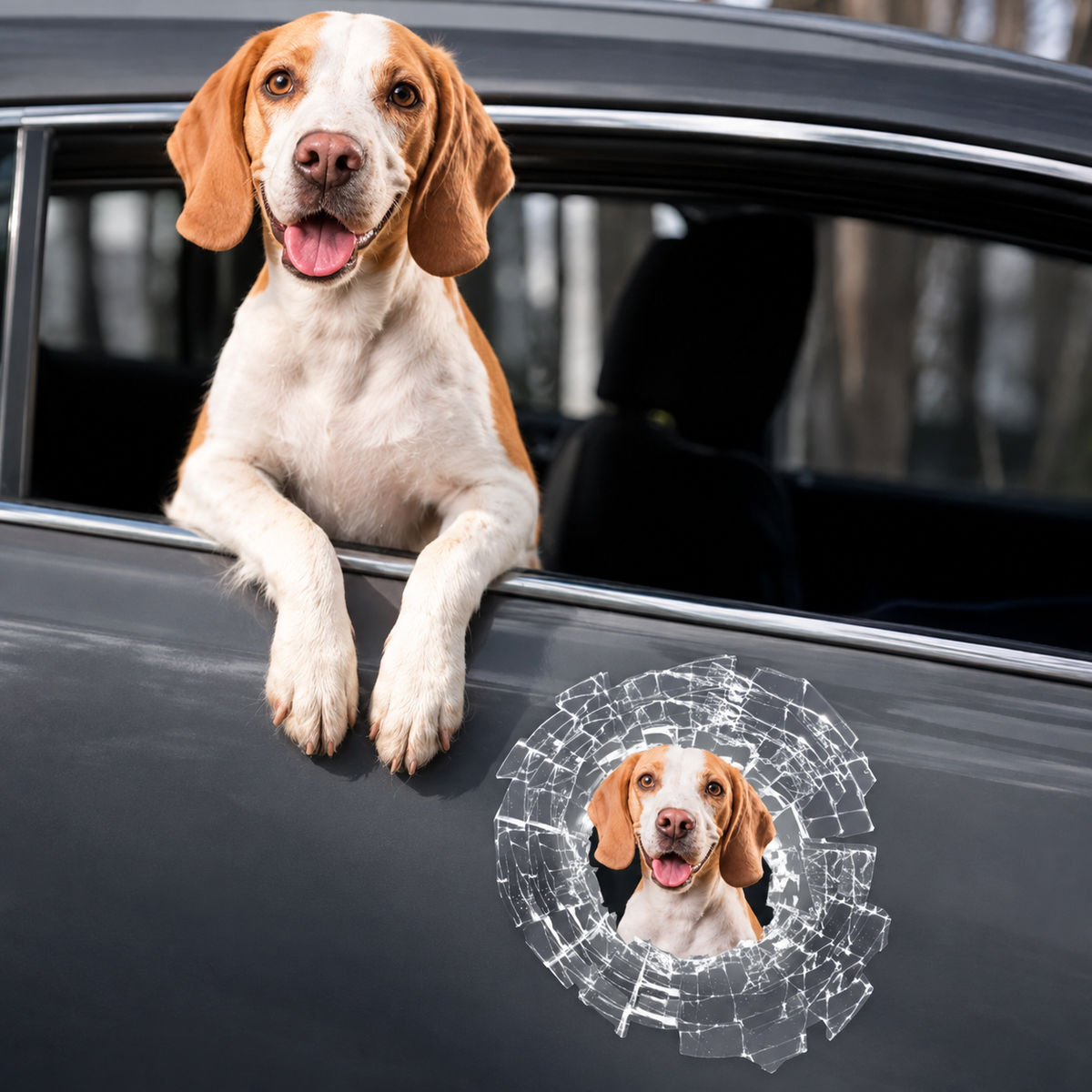 Autoaufkleber mit einem spähenden Hund im zerbrochenen Glasdesign, auf einem grauen Autofenster montiert.