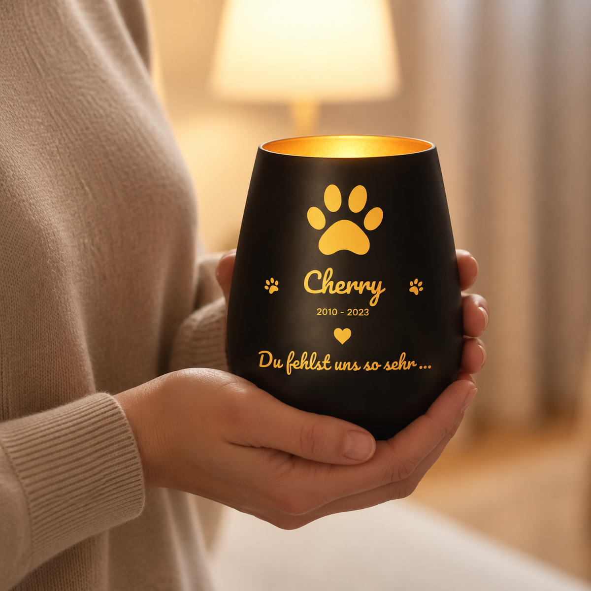 Personalisiertes Trauerlicht aus schwarzem Material mit goldener Schrift und Pfotenmotiven.