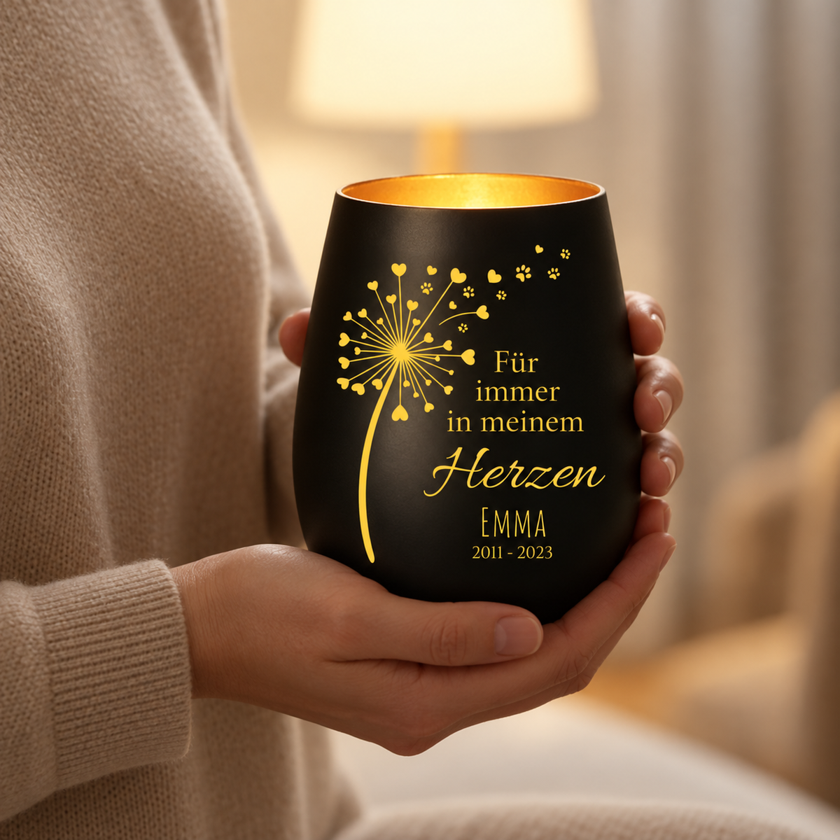 Personalisierte schwarze Kerze mit goldener Gravur und Motiv einer Pusteblume für Trauer.