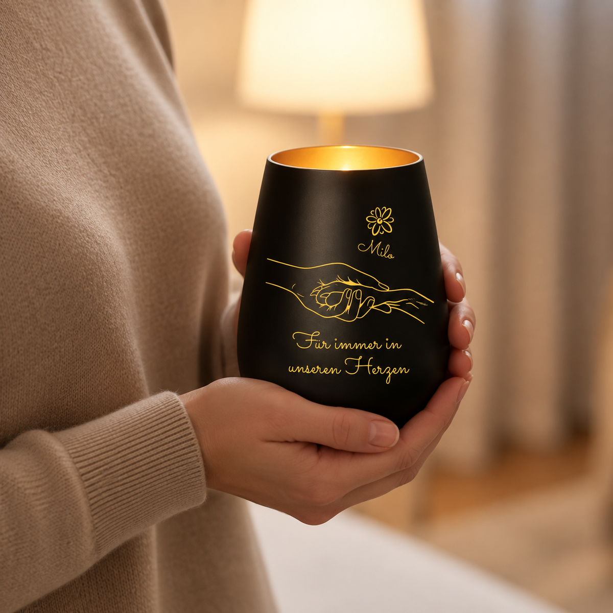 Personalisierte schwarze Trauerkerze mit goldener Schrift und Handmotiv, in Hand gehalten.