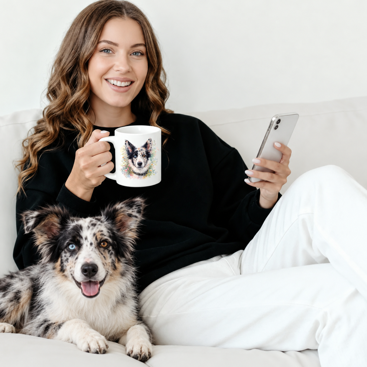 Eine Frau sitzt auf dem Sofa, hält eine weiße Tasse mit Hundemotiv und hat einen Hund neben sich.