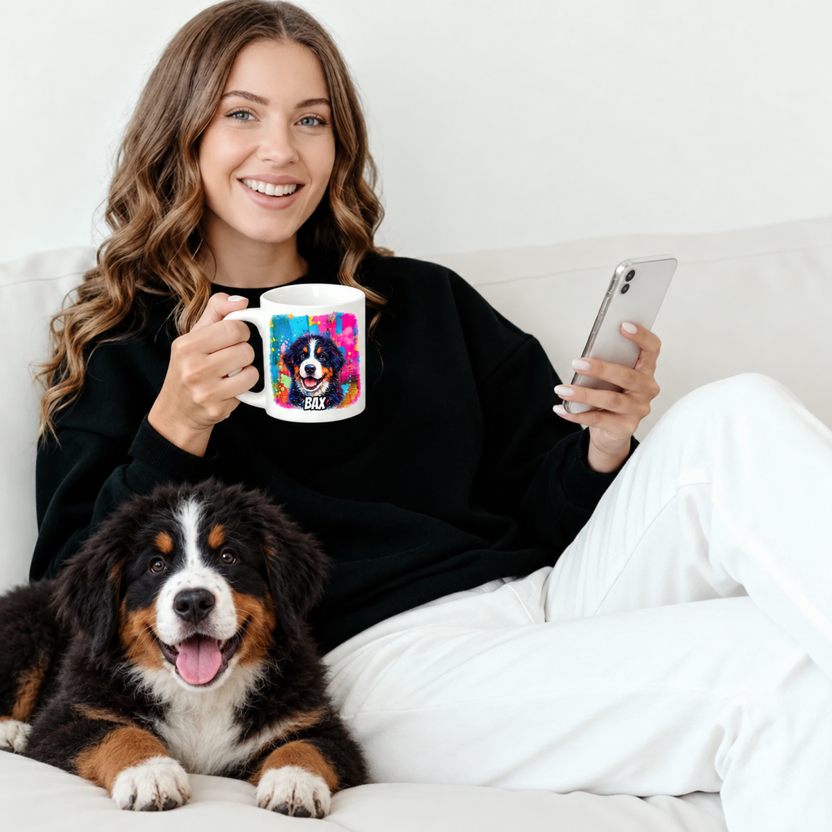 Person hält eine personalisierte Tasse mit einem Hundemotiv, sitzt auf einer Couch neben einem Hund.