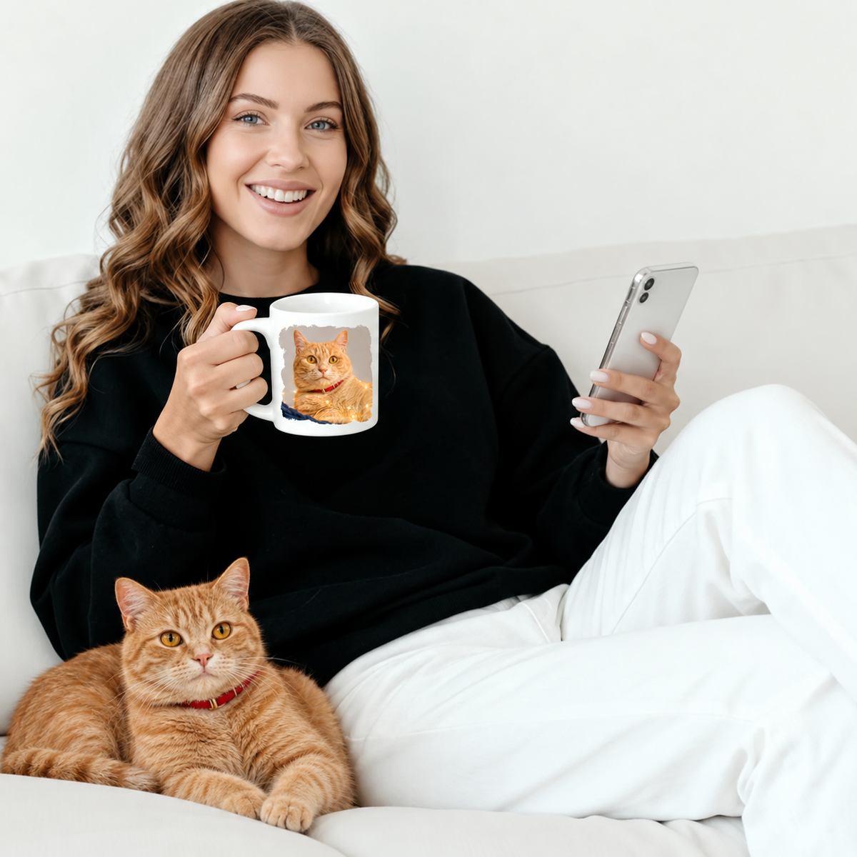Person mit Kaffeetasse, auf der ein Foto einer orangen Katze abgebildet ist, sitzt mit Katze auf dem Sofa.