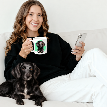 Frau mit personalisierter Tasse mit Hundeportrait, schwarzer Pullover, Hund liegt neben ihr auf der Couch.