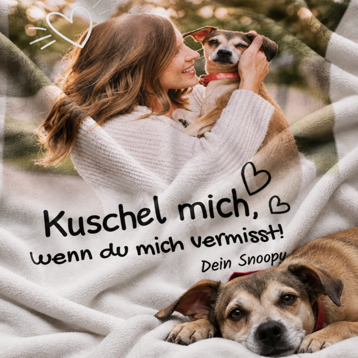 Personalisierte Kuscheldecke aus weich fallendem Material mit Haustier- und Textdesign in sanften Farben.