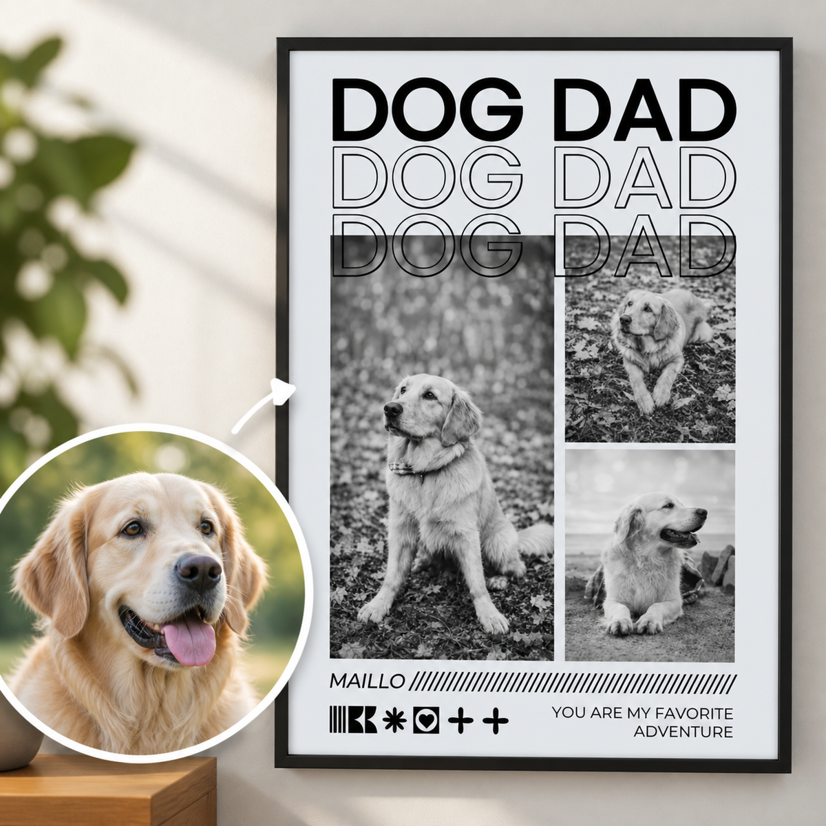 Personalisierbares Poster mit dem Schriftzug "Dog Dad" und Bildern eines goldenen Retrievers in Schwarz-Weiß.