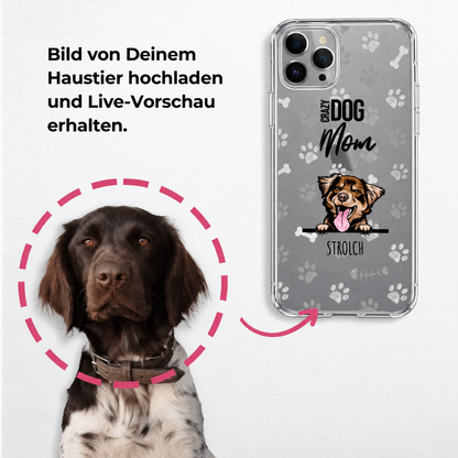 Personalisierte Handyhülle mit Hundemotiv und Pfotenabdrücken in Grau. Design für Haustiereltern.
