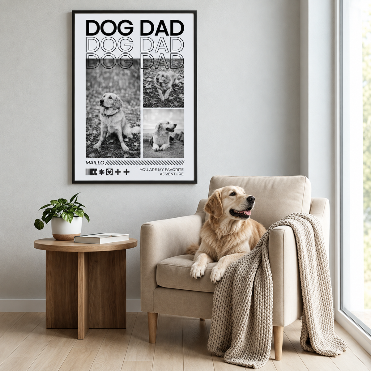 Poster mit dem Schriftzug "DOG DAD" und Fotos eines Hundes. Holzrahmen und modernes Wohnzimmer-Setting mit Hund und Sessel.