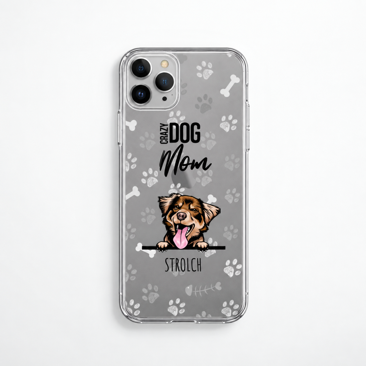 Personalisierte Handyhülle mit transparentem Hintergrund, Hundepfoten und Cartoon-Hundedesign.