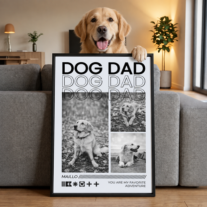 Personalisiertes Poster mit dem Schriftzug "Dog Dad" und Fotos eines Hundes in verschiedenen Posen.
