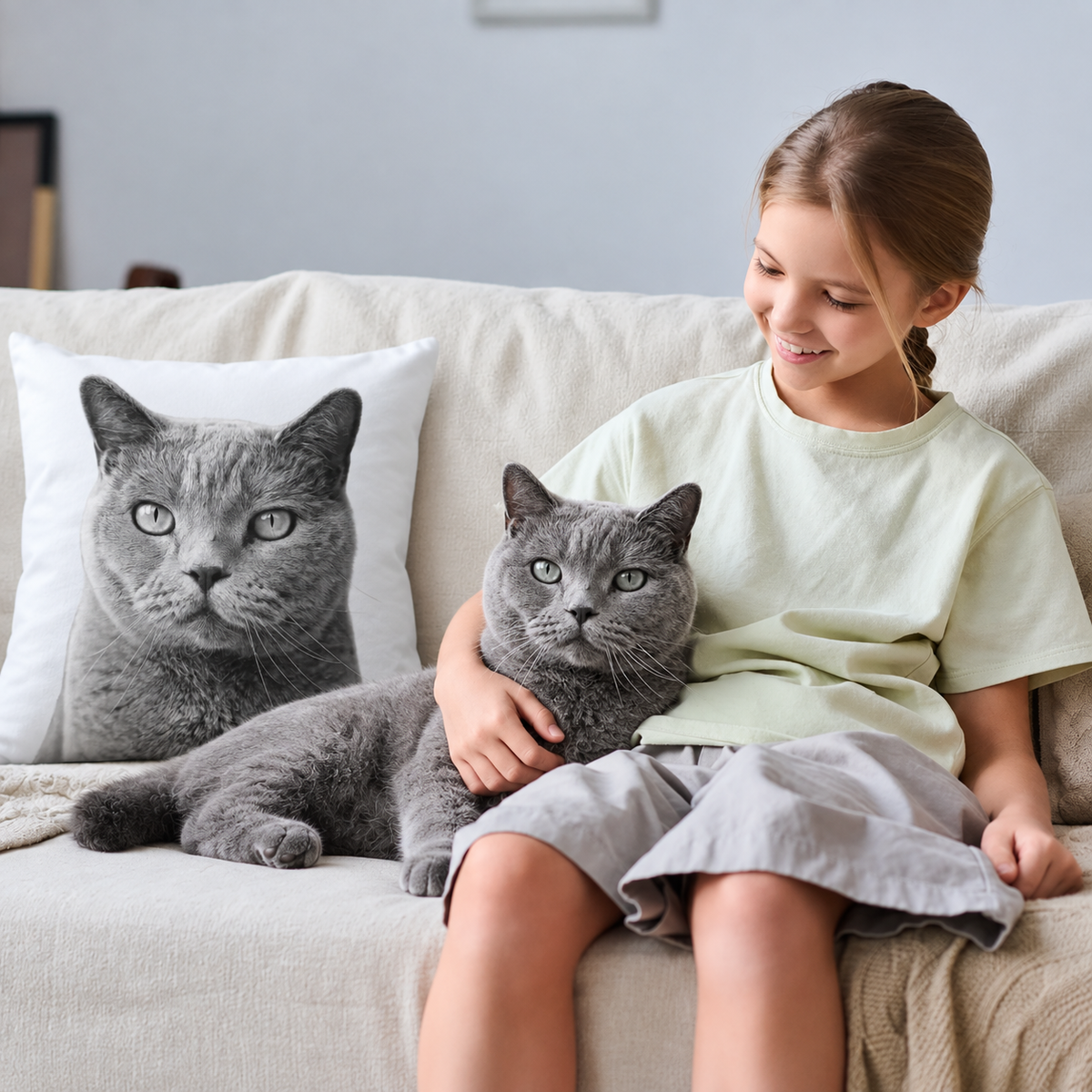 Kissen mit grauem Katzendruck auf einem hellen Sofa, ein Mädchen sitzt neben einer grauen Katze.