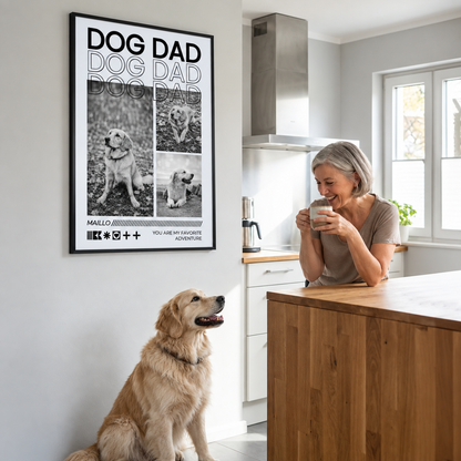 Personalisierte Wanddekoration mit Fotos von Hunden und Text "DOG DAD" in Schwarz-Weiß-Design.