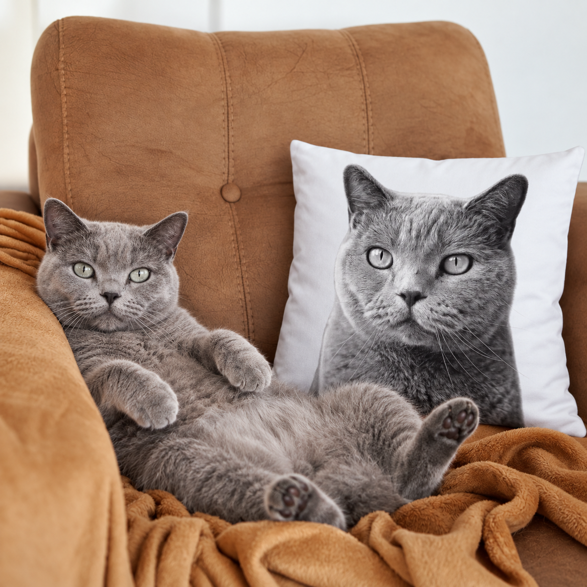 Katzenporträt auf Kissen, farbiges graues Kissen mit bedrucktem Katzenbild, neben einer Katze auf einem Sofa.