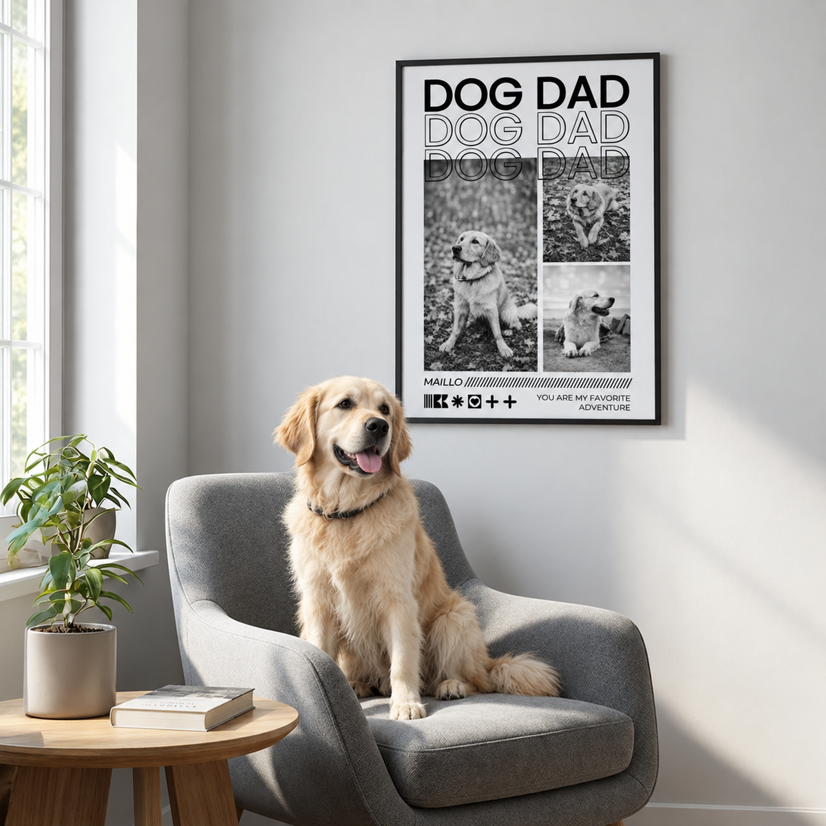 Personalisiertes Poster mit dem Schriftzug "DOG DAD" in Schwarz-Weiß, Bilder von einem Hund, gerahmt.