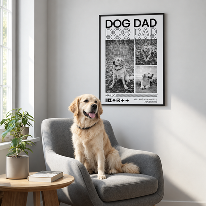 Personalisiertes Poster mit dem Schriftzug "DOG DAD" in Schwarz-Weiß, Bilder von einem Hund, gerahmt.