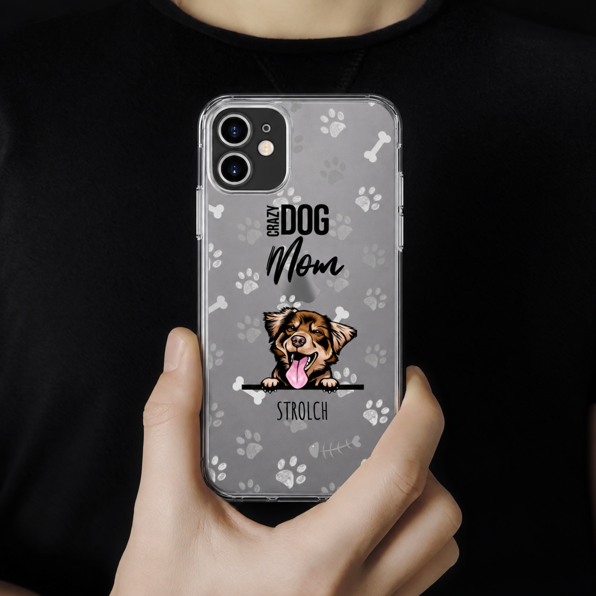 Handyhülle mit transparentem Hintergrund, Hundemotiv und Aufschrift "Crazy Dog Mom".