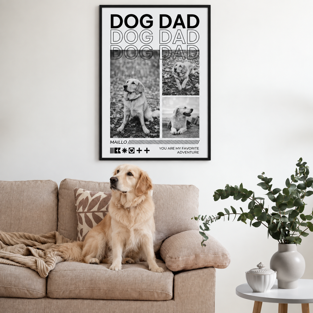 Personalisierte Poster mit dem Schriftzug „Dog Dad“ und Bildern eines Hundes in einem ansprechenden Wohnzimmer.