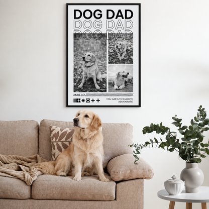 Personalisierte Poster mit dem Schriftzug „Dog Dad“ und Bildern eines Hundes in einem ansprechenden Wohnzimmer.
