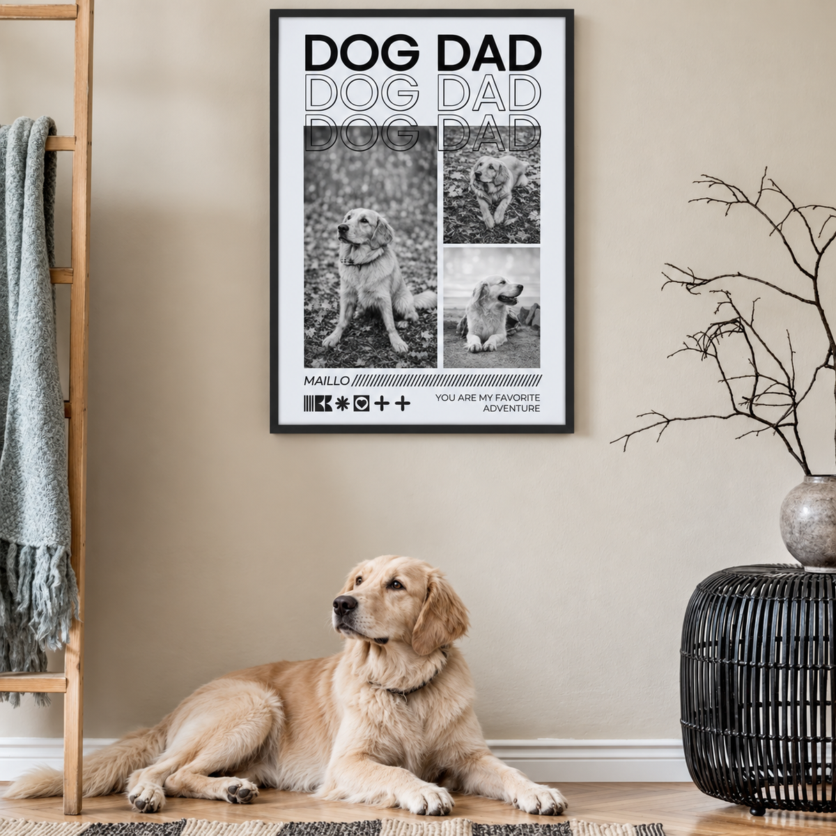 Rahmen mit personalisiertem Poster "Dog Dad" und drei Bildern eines Hundes, daneben ein liegender Golden Retriever.