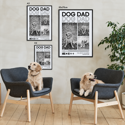 Drei personalisierte Dog Dad Poster in unterschiedlichen Größen rahmenlos an der Wand. Zwei Hunde auf grauen Sessel.