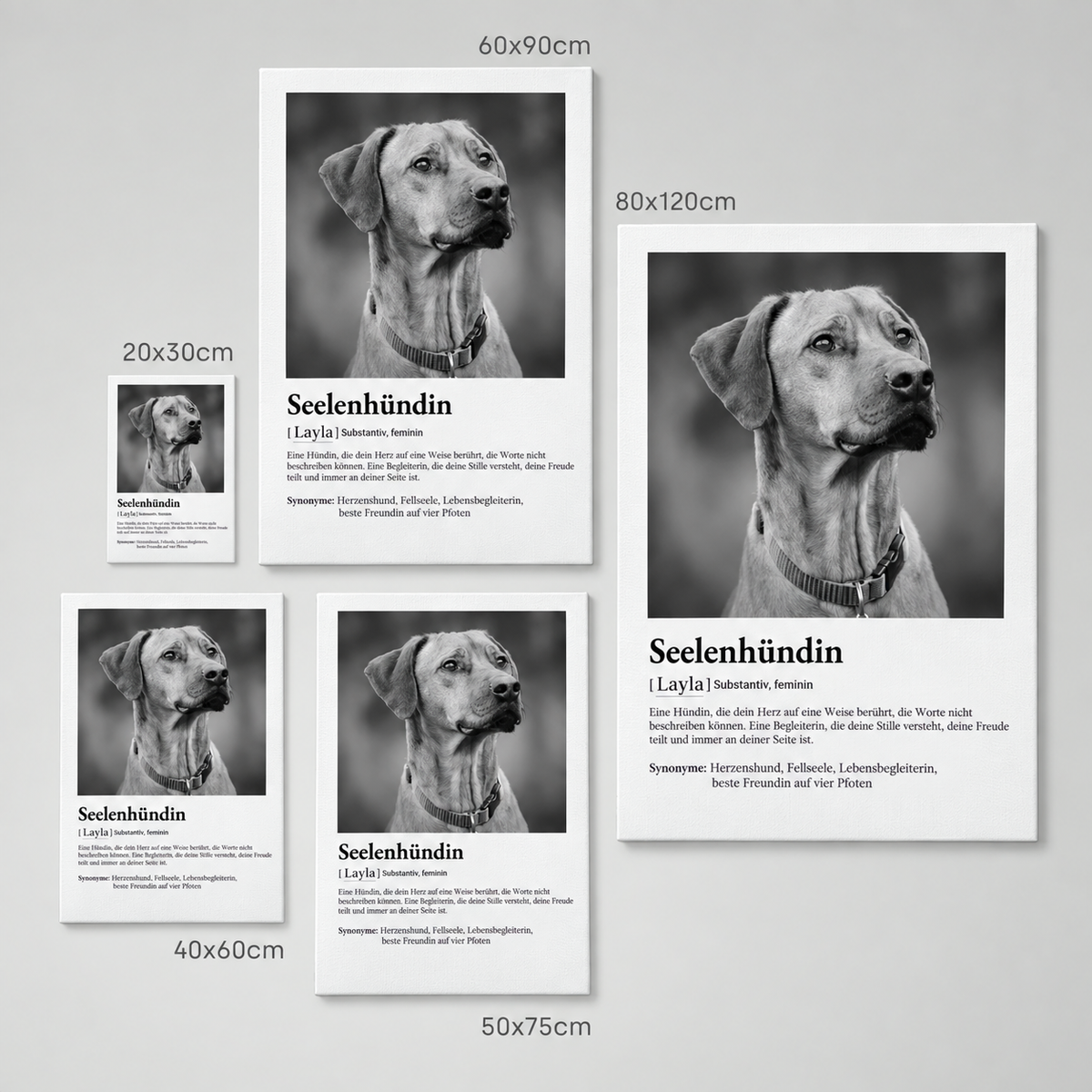 Personalisierte Leinwand mit Schwarzweißfoto eines Hundes und Definition des Begriffs Seelentier in verschiedenen Größen.