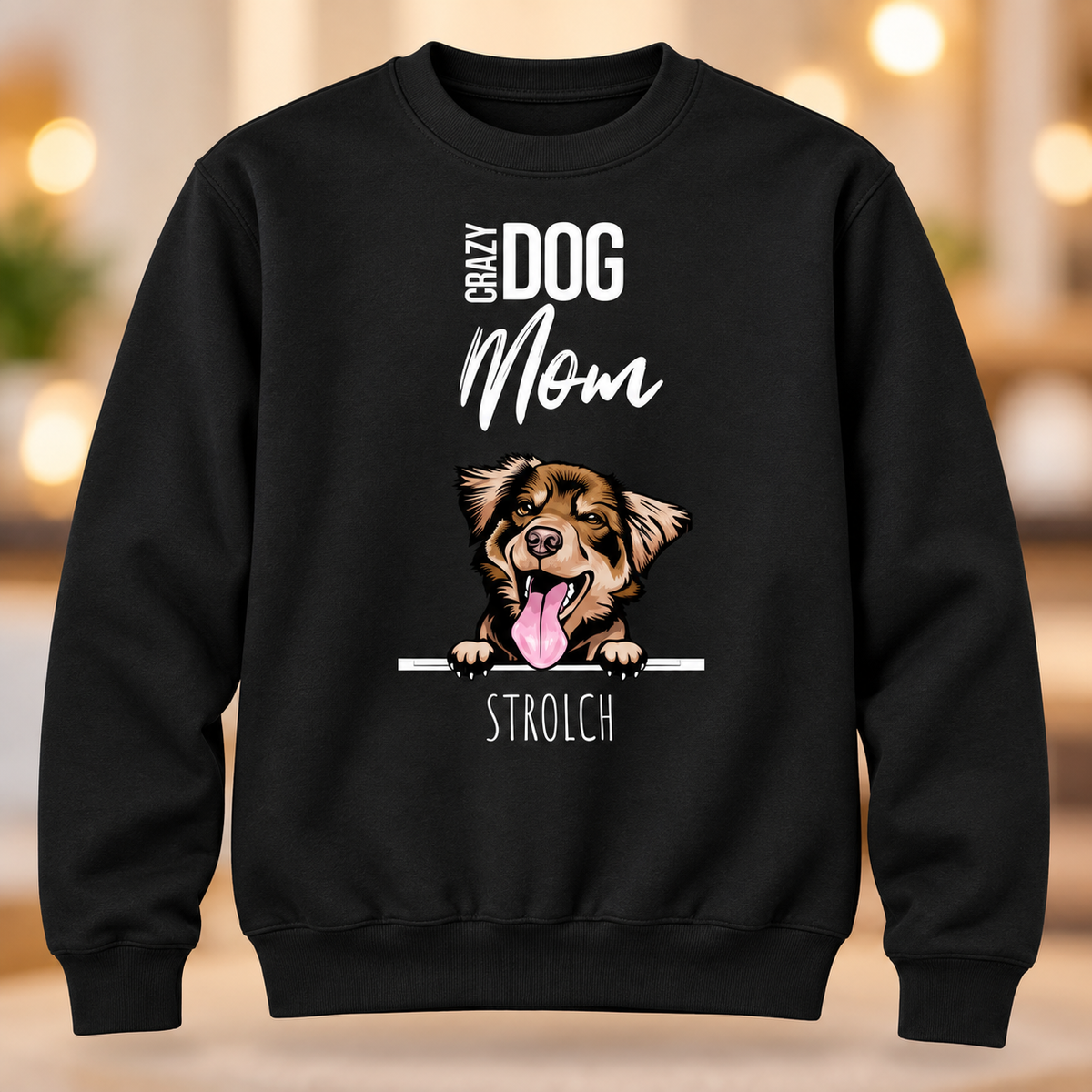 Schwarzes Sweatshirt mit bedrucktem Hundemotiv und dem Schriftzug "Crazy Dog Mom".