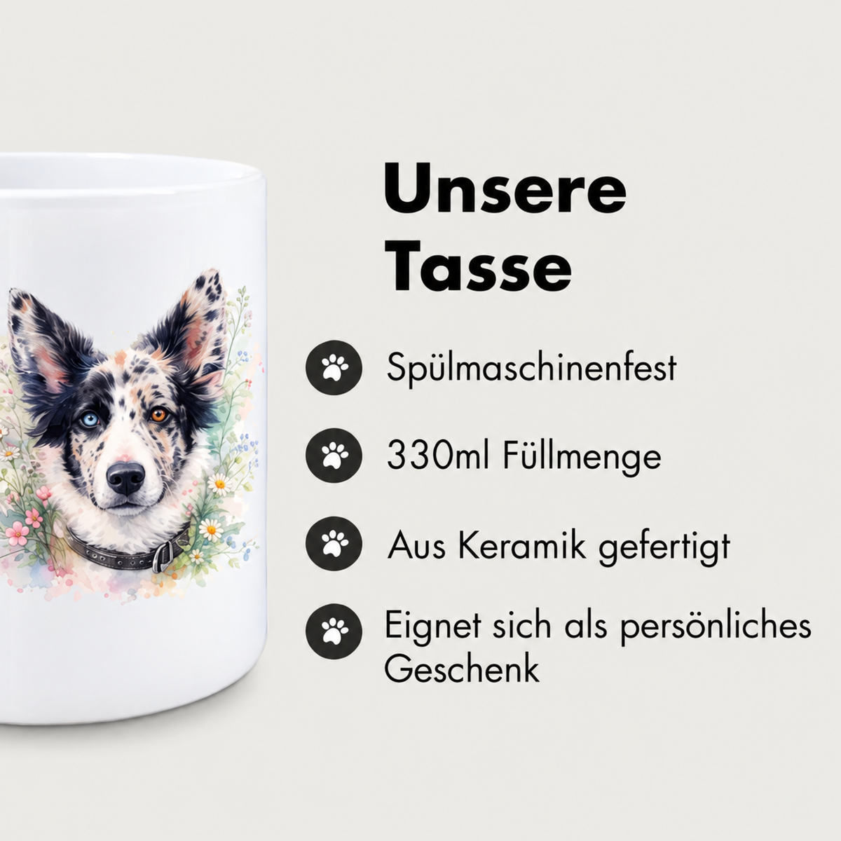 Personalisierte Tasse aus Keramik mit Aquarell-Druck eines Hundes und floralem Muster. Spülmaschinenfest, 330ml.