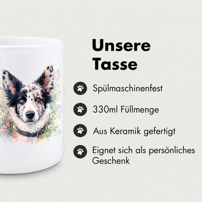 Personalisierte Tasse aus Keramik mit Aquarell-Druck eines Hundes und floralem Muster. Spülmaschinenfest, 330ml.
