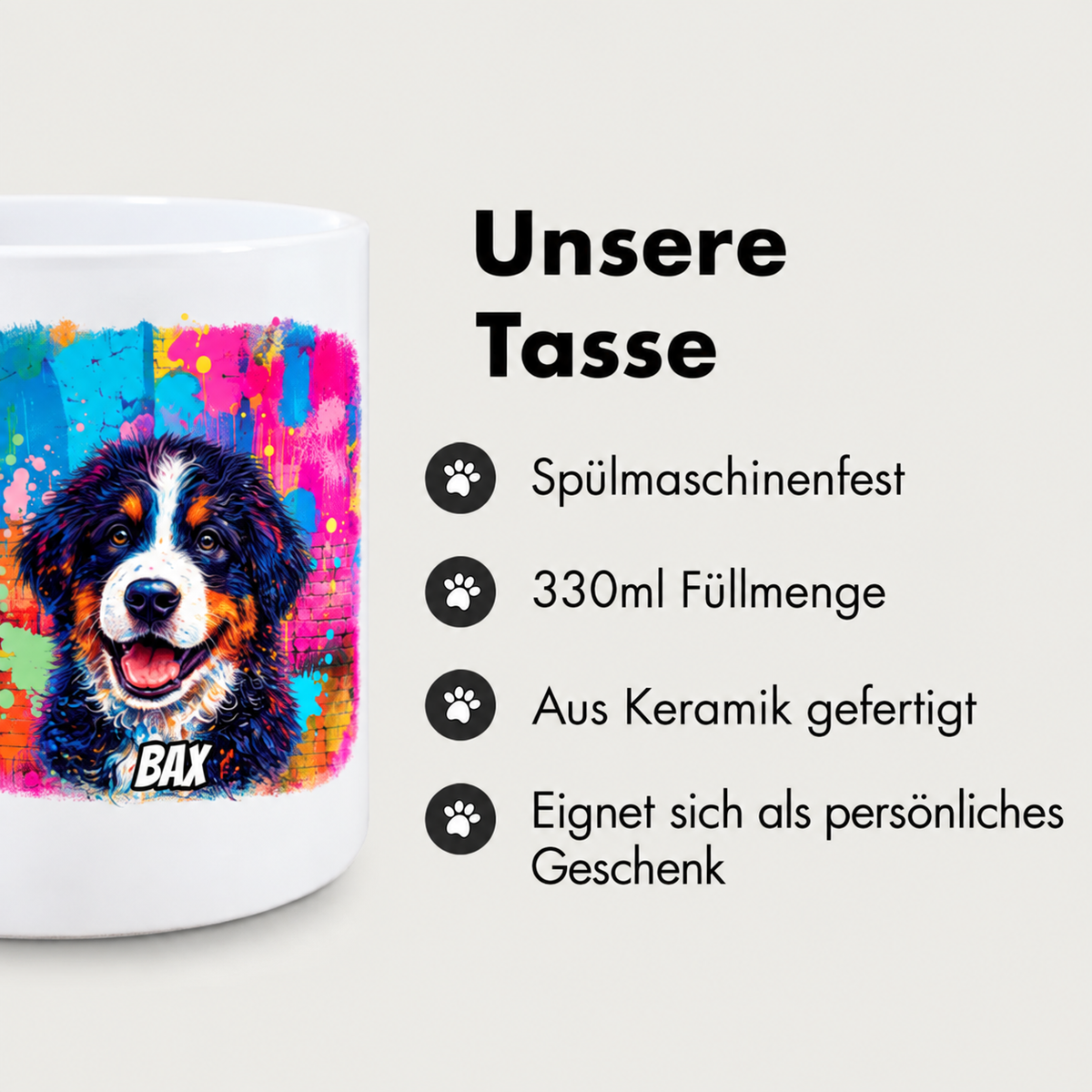 Personalisierte Keramiktasse mit buntem Graffiti-Dog-Motiv, 330 ml Füllmenge. Spülmaschinenfest.