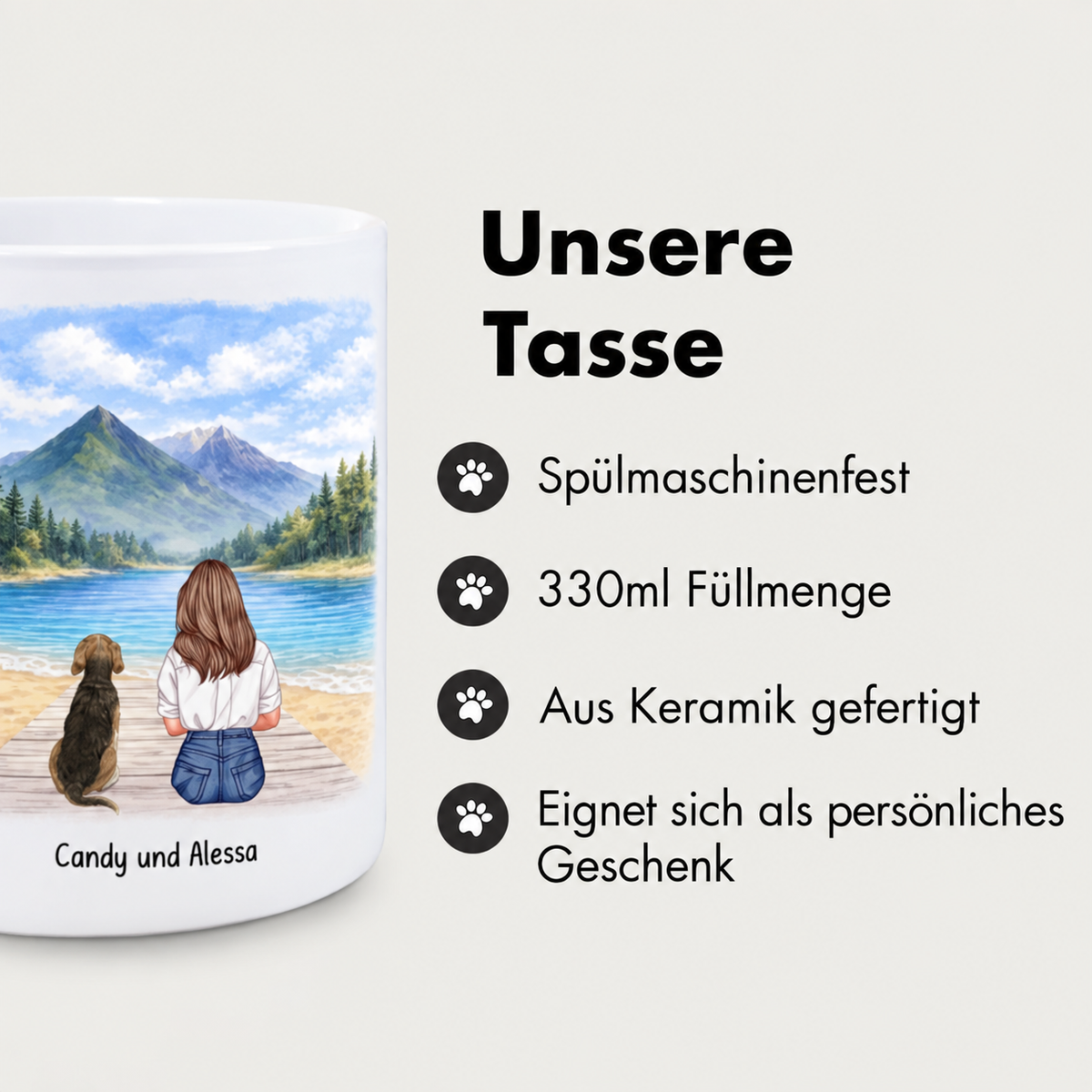 Personalisierte Keramiktasse mit Hund und Frau am See, 330ml, spülmaschinenfest.