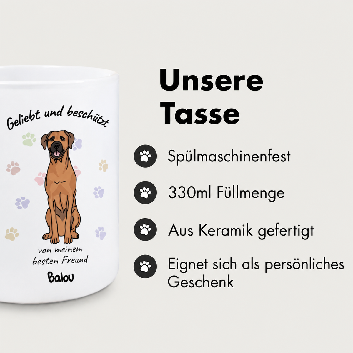 Personalisierte Keramiktasse mit Hundemotiv und der Aufschrift "Geliebt und beschützt". 330 ml Füllmenge.