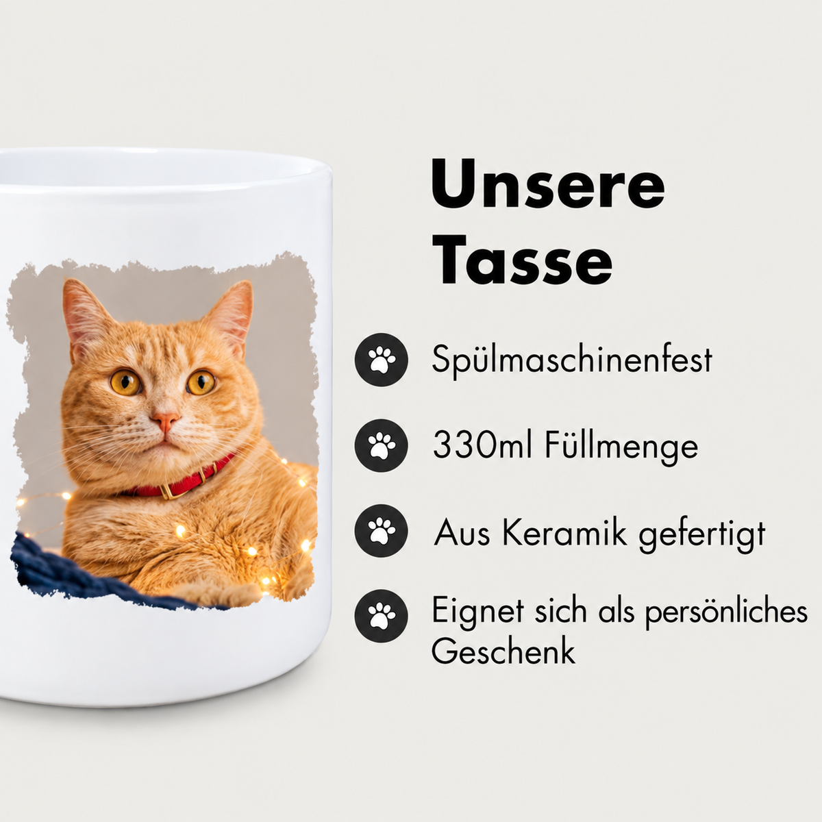 Personalisierte Keramiktasse mit Foto eines orangen Katers und Lichtern, 330ml, spülmaschinenfest.