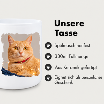 Personalisierte Keramiktasse mit Foto eines orangen Katers und Lichtern, 330ml, spülmaschinenfest.
