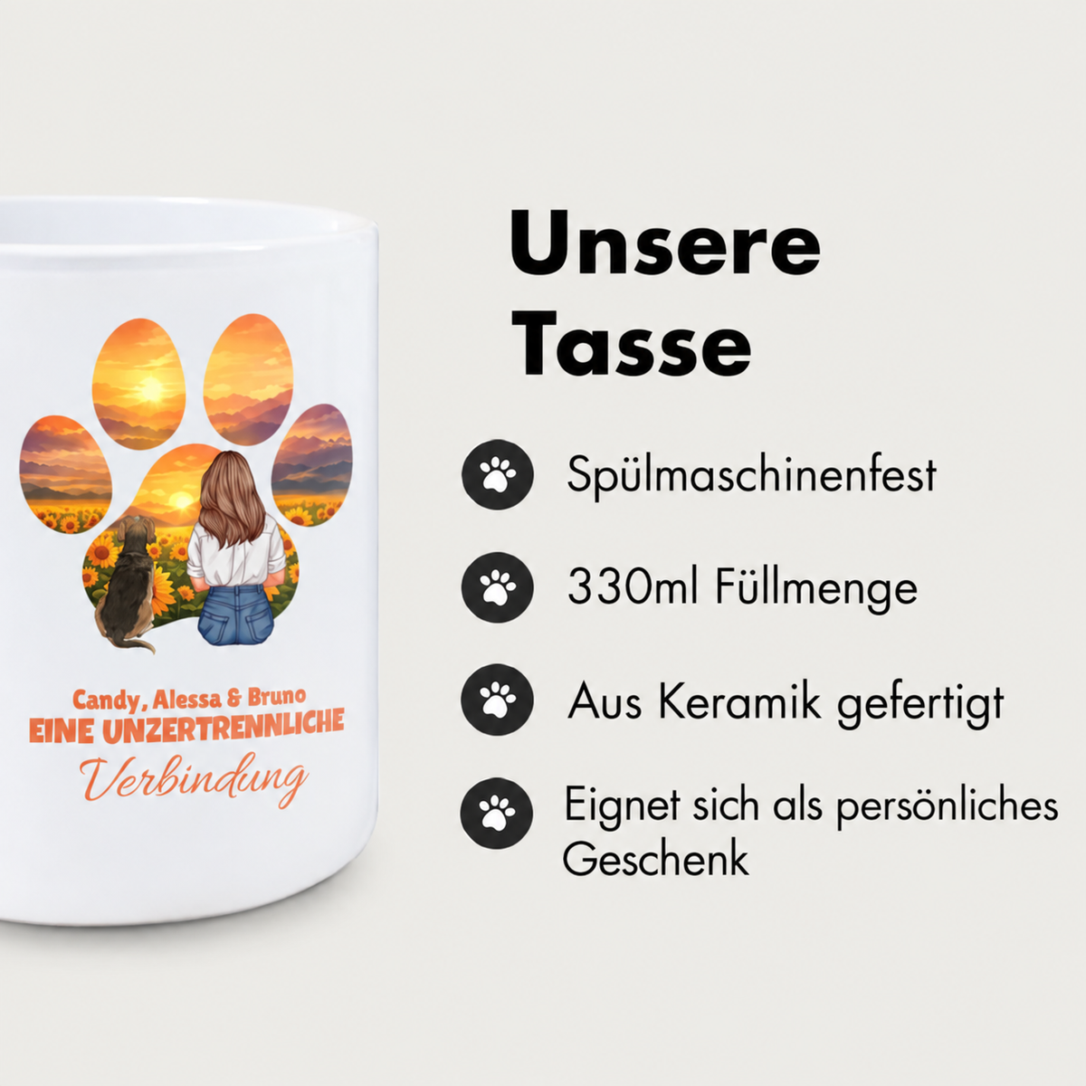 Personalisierte Keramiktasse mit Pfotenmotiv und Sonnenuntergang, 330ml, spülmaschinenfest.
