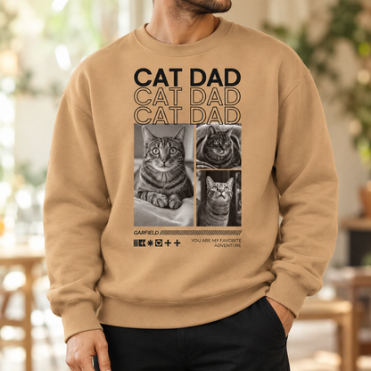 Beige Sweatshirt mit Aufdruck „Cat Dad“ und Fotos von Katzen, lässiger Schnitt, Baumwollmaterial.