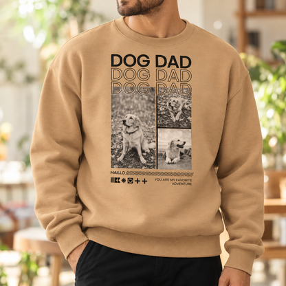 Beige Sweatshirt mit dog dad Motiv und Fotos von Hunden. Baumwollmischung, lässiger Schnitt.