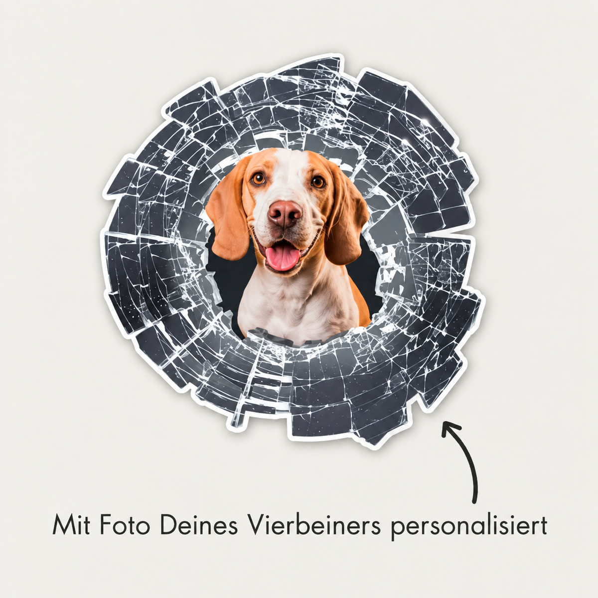 Personalisierter Autoaufkleber mit Foto eines Hundes, gestaltet als gebrochenes Glasdesign.