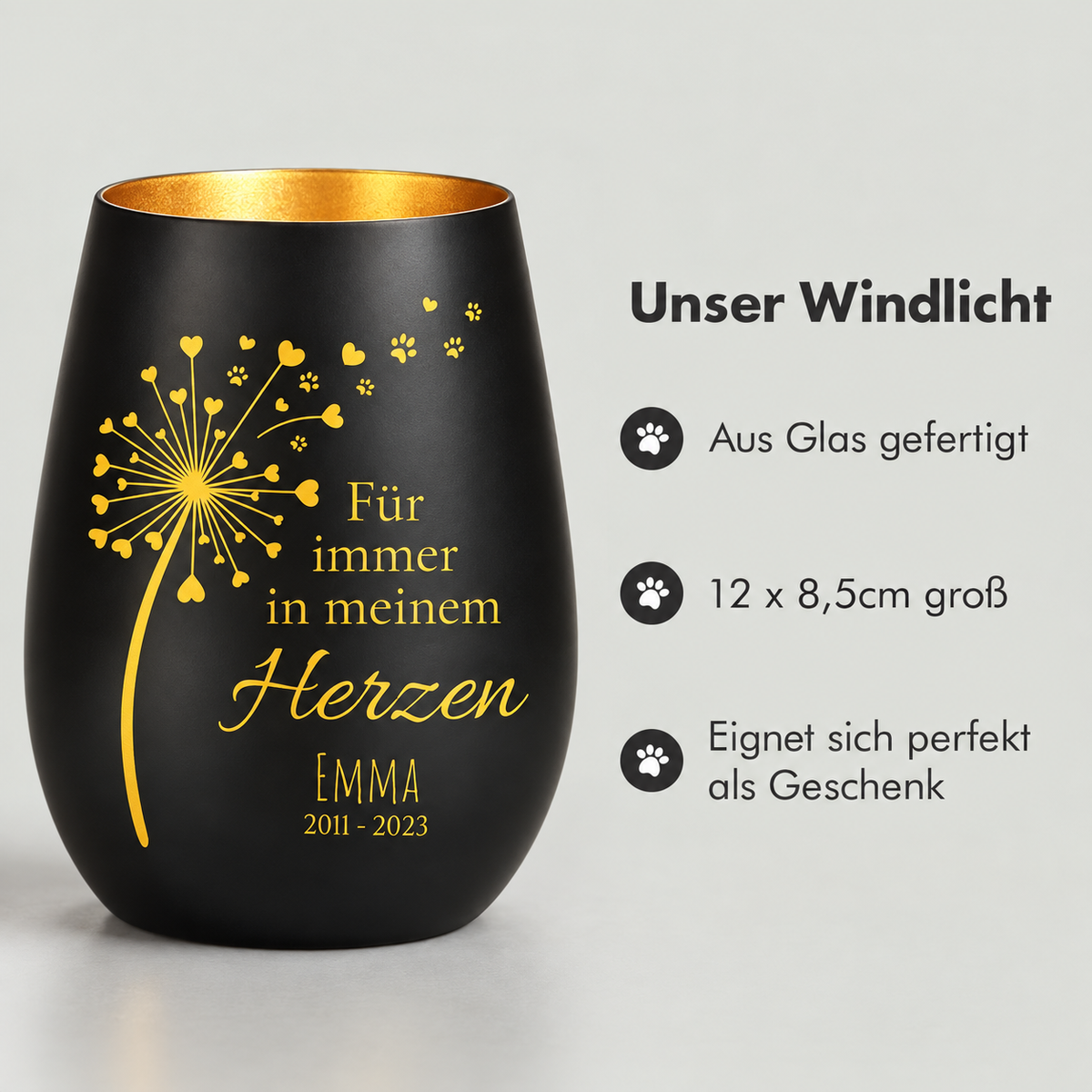 Schwarzes Trauerlicht aus Glas mit goldener Innenseite, 12 x 8,5 cm groß, personalisiert mit Namen und Datum.